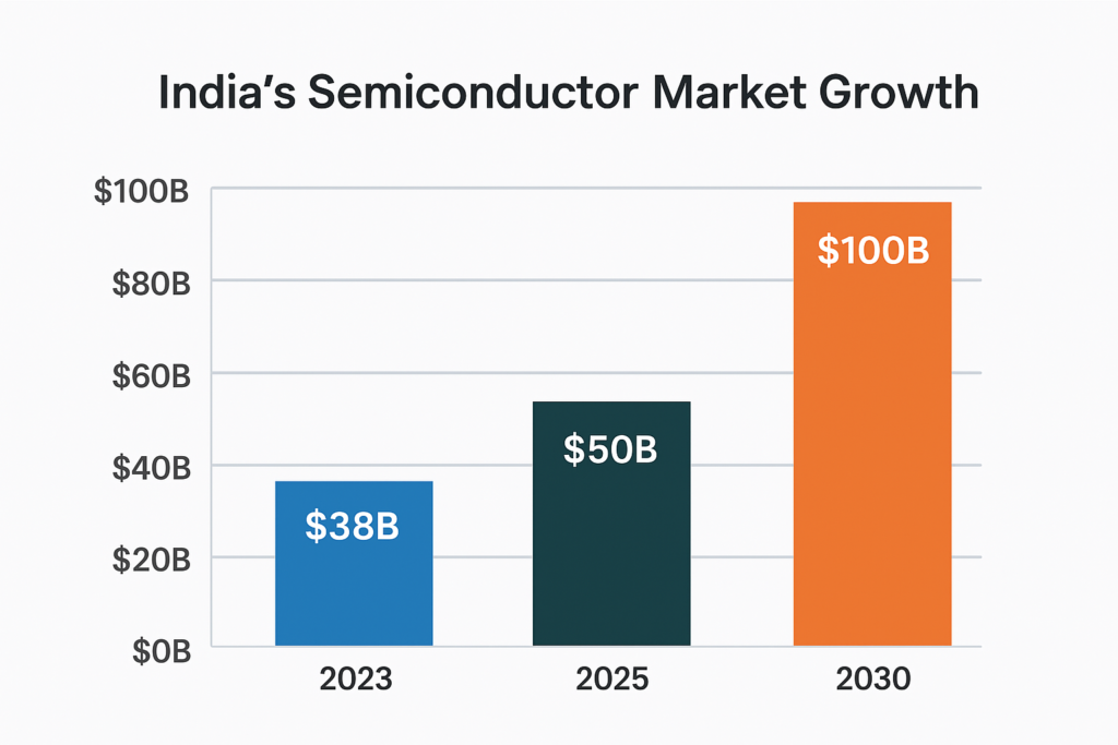 Bar chart of India’s semiconductor market growth from $38B in 2023 to $50B by 2025 and $100B by 2030