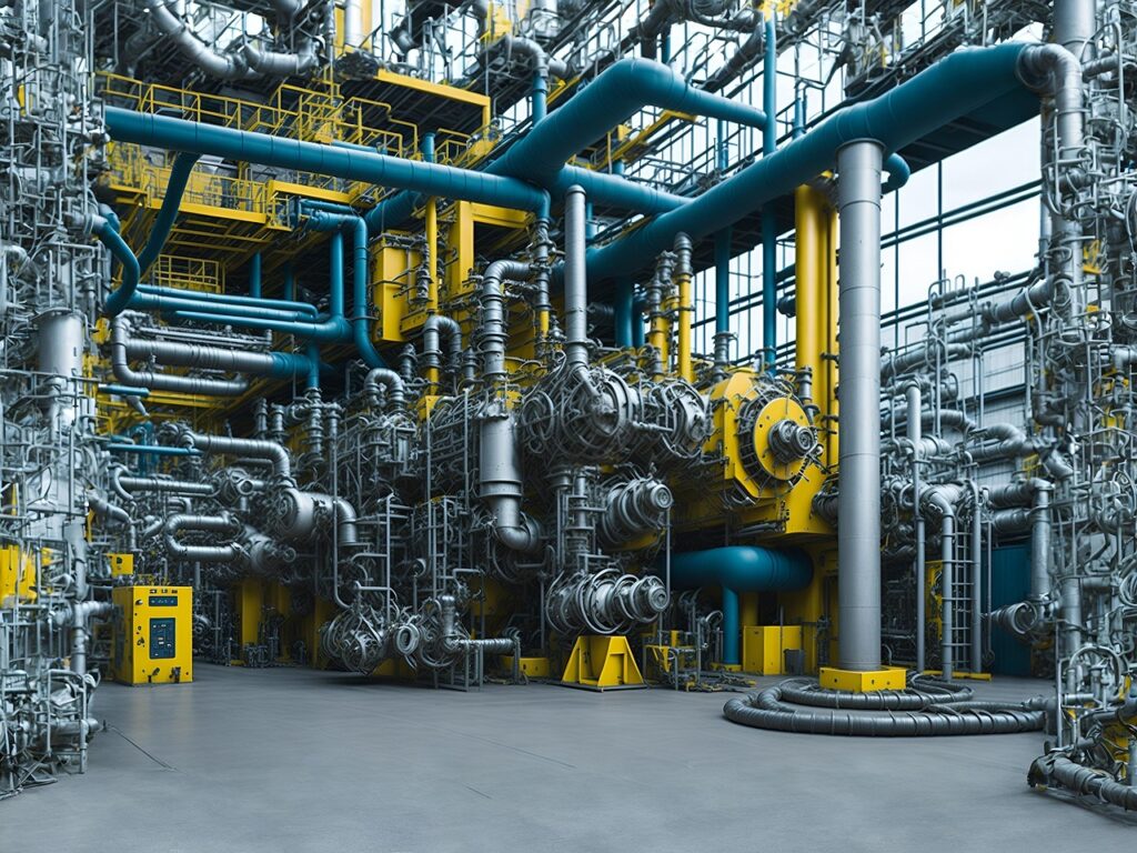Interior of a large manufacturing factory hall with machinery