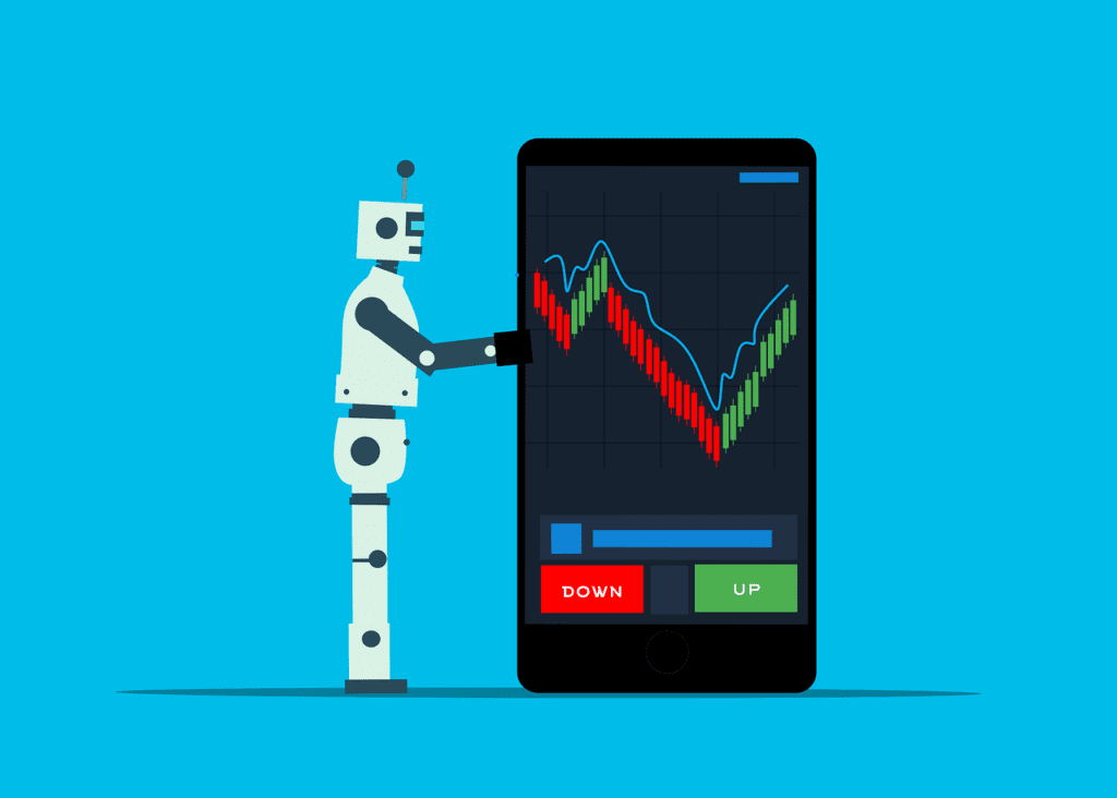 Hands holding a smartphone showing a financial trading app