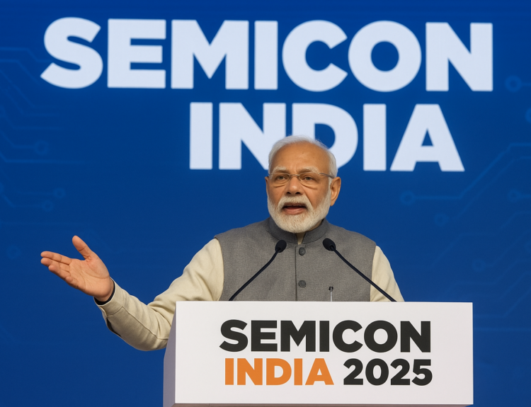 Prime Minister Narendra Modi addressing SEMICON India 2025, highlighting India’s chip industry goals.
