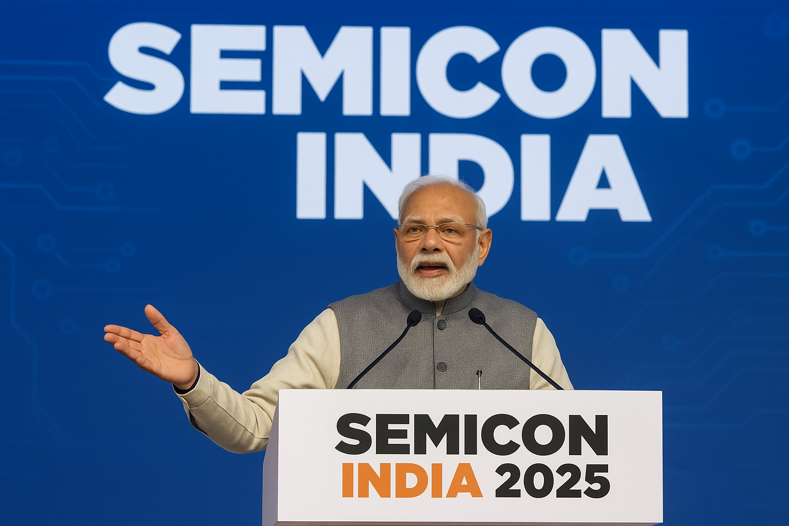 Prime Minister Narendra Modi addressing SEMICON India 2025, highlighting India’s chip industry goals.