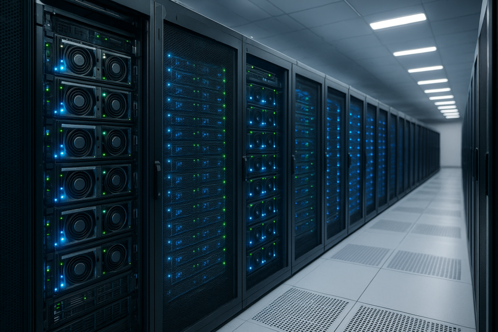 Datacenter racks filled with GPU servers symbolizing India’s expanded AI compute capacity.